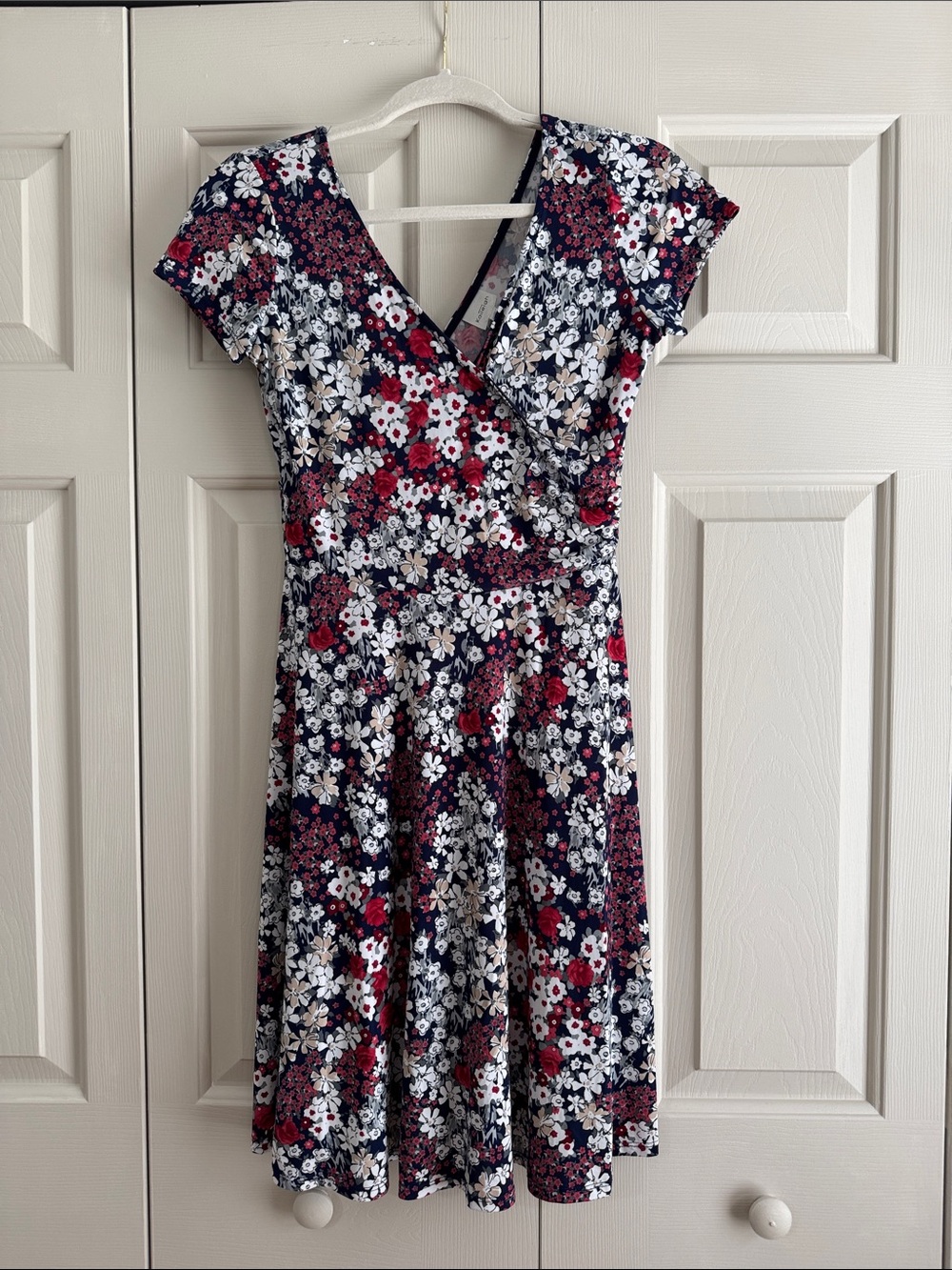 Kaileigh Navy Floral Midi Dress with White & Red Blooms